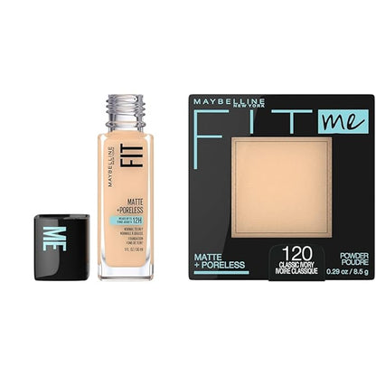Maybelline Fit Me Matte + Poreless Liquid Oil-Free Foundation Makeup & Fit Me Matte + Poreless Pressed Face Powder Makeup & Setting Powder, Classic Ivory, 1 Count