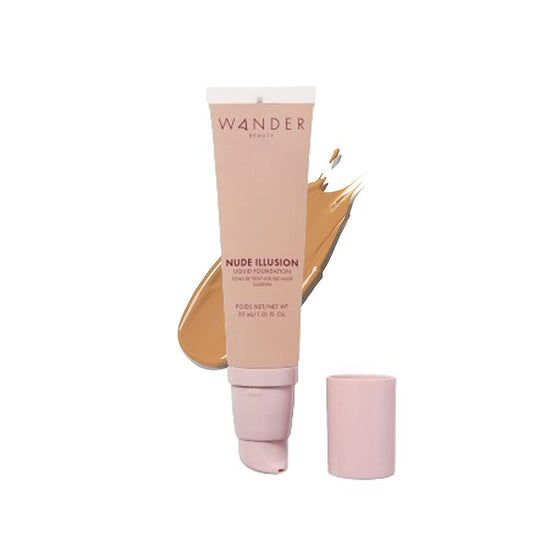 Wander Beauty Nude Illusion Liquid Foundation - Tan - Medium to Full Coverage Foundation - Natural Makeup with Vitamin E & Macadamia - Nude Skin Finish Blurs & Conceals - Travel-Friendly - 1.01 fl oz