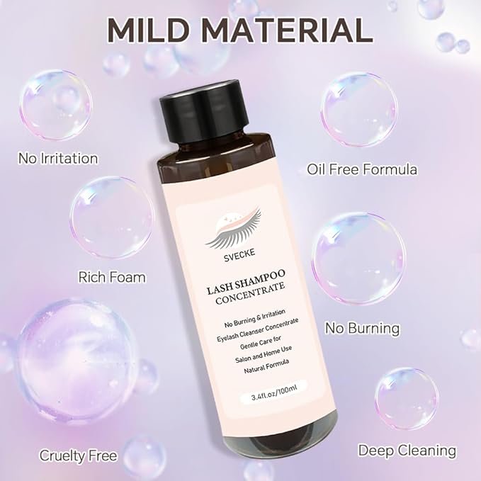 Lash Shampoo Concentrate 100ml for Lash Extension, Lash Shampoo Kit for Eyelash Cleansing, Oil-Free Eyelash Extension Cleanser Concentrate, Lash Cleaning Kit with Brush Bottle