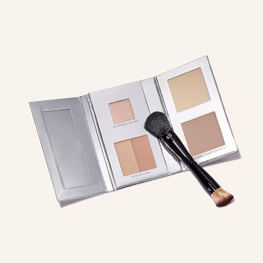 Woosh Beauty, The Fold Out Complexion Palette w/Secret Brush, Travel All in One Neutral Cream & Powder Kit, 4 in 1 Nested Makeup Brush (#1 Light)