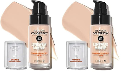 Revlon Liquid Foundation, ColorStay Face Makeup for Combination & Oily Skin, SPF 15, Medium-Full Coverage with Matte Finish, Ivory (110), 1.0 oz (Pack of 2)