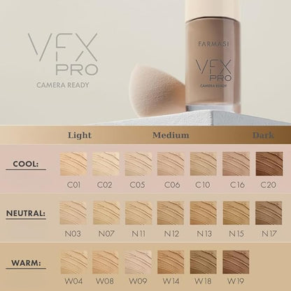 FARMASi Vfx Pro Foundation, Full Coverage Liquid Cream, Lightweight Long Lasting Coverage, Breathable Skin Moisturizer with Color True Matte Blending, Face Makeup, 1 fl. oz / 30 ml - Porcelain 05