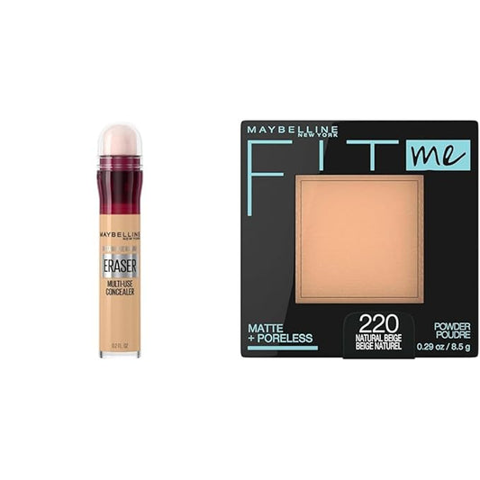 Maybelline Instant Age Rewind Eraser Dark Circles Treatment Multi-Use Concealer, 122, 1 Count (Packaging May Vary) & Fit Me Matte + Poreless Pressed Face Powder Makeup & Setting Powder, Natural Beige