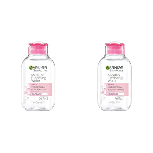 Garnier Micellar Cleansing Water, All-in-1 Makeup Remover and Facial Cleanser, For All Skin Types, 3.4 Fl Oz (100mL), 1 Count (Packaging May Vary) (Pack of 2)