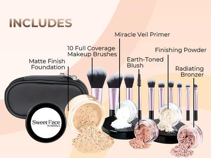 16pc STARTER KIT with 10 BRUSHES SET (FAIR 2) Mineral Makeup Bare Face Loose Powder Includes Matte Foundation, Veil Primer, Blush, Bronzer, Translucent Finishing Setting Powder SPF 30 Travel Size