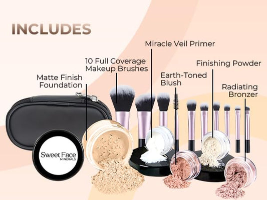 16pc STARTER KIT with 10 BRUSHES SET (FAIR 2) Mineral Makeup Bare Face Loose Powder Includes Matte Foundation, Veil Primer, Blush, Bronzer, Translucent Finishing Setting Powder SPF 30 Travel Size