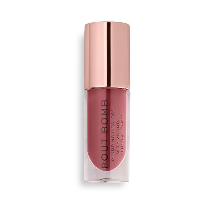 Revolution, Pout Bomb Plumping Lip Gloss, High Shine, Rich Glossy Pigment, Infused with Vitamin E, Sauce Dusty Pink, 0.15 fl oz