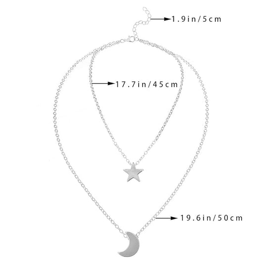 Bohemian Layered Necklace Moon Star Necklace Chain Long Pendant Necklaces Jewelry for Women and Girls (Silver)