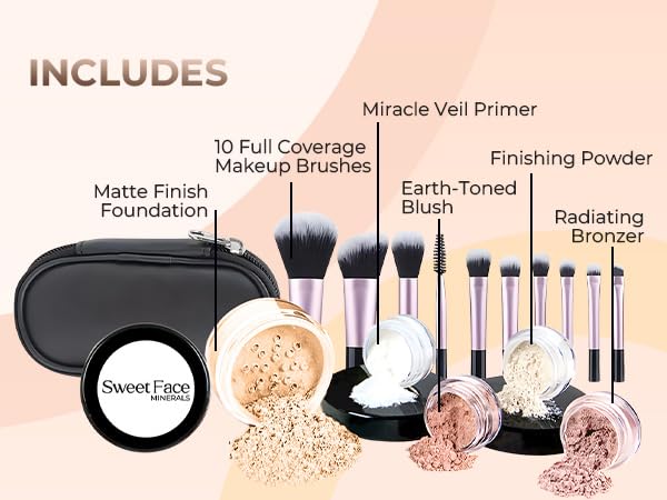 16pc STARTER KIT with 10 BRUSHES SET (FAIR 1) Mineral Makeup Bare Face Loose Powder Includes Matte Foundation, Veil Primer, Blush, Bronzer, Translucent Finishing Setting Powder SPF 30 Travel Size