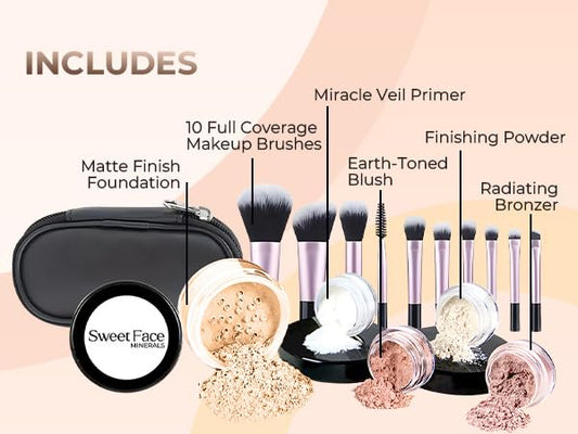 16pc STARTER KIT with 10 BRUSHES SET (FAIR 1) Mineral Makeup Bare Face Loose Powder Includes Matte Foundation, Veil Primer, Blush, Bronzer, Translucent Finishing Setting Powder SPF 30 Travel Size