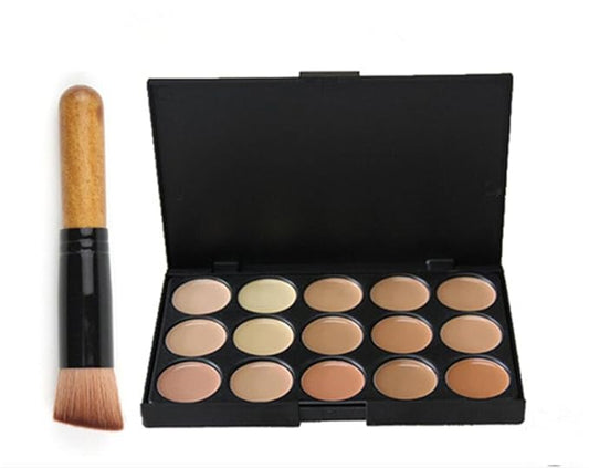 Pure Vie 15 Colors Hydrating Full Coverage Correcting Concealer Palette Camouflage Makeup Contour Kit for Conceals Corrects Dark Circles Acne + 1 Pcs Foundation Powder Concealer Eyeshadows Brushes