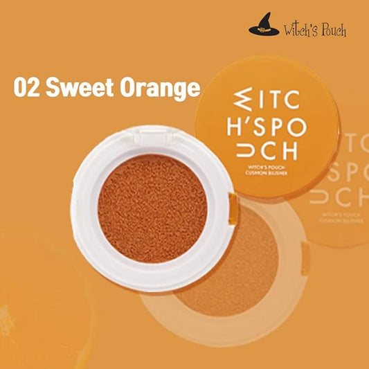 Witch's Pouch Blush Cushion Korean Makeup Cheek Toneup Facial Cushion Blusher Cutie Size Moisturizing Color Correction Flawless Coverage Vivid Colors (02 Sweet Orange)