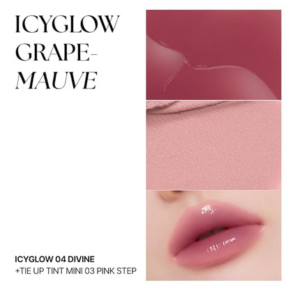 Cover & Shine Set - Grape Mauve, Tie up Cover Tint 03 Pink Step & Icy Glow 04 Divine, K-Beauty Matte Lip base Gloss