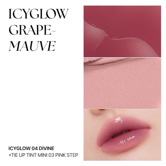 Cover & Shine Set - Grape Mauve, Tie up Cover Tint 03 Pink Step & Icy Glow 04 Divine, K-Beauty Matte Lip base Gloss
