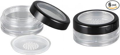 6 Pcs 10g 10ml Plastic Empty Travel Powder Container Loose Powder Compact Case Clear Makeup Jar Cosmetic Cream Face Powder Blusher Foundation Container Pots With Sifter and Black Rimmed Lid