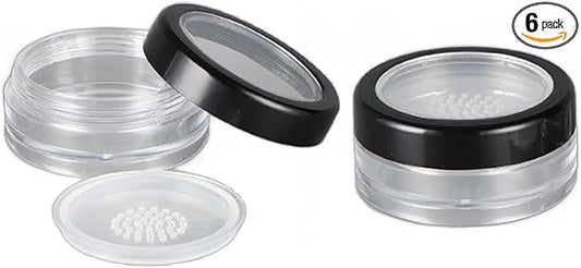 6 Pcs 10g 10ml Plastic Empty Travel Powder Container Loose Powder Compact Case Clear Makeup Jar Cosmetic Cream Face Powder Blusher Foundation Container Pots With Sifter and Black Rimmed Lid