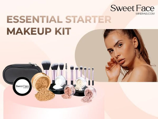 16pc STARTER KIT with 10 BRUSHES SET (DEEP TAN) Mineral Makeup Bare Face Loose Powder Includes Matte Foundation, Veil Primer, Blush, Bronzer, Translucent Finishing Setting Powder SPF 30 Travel Size