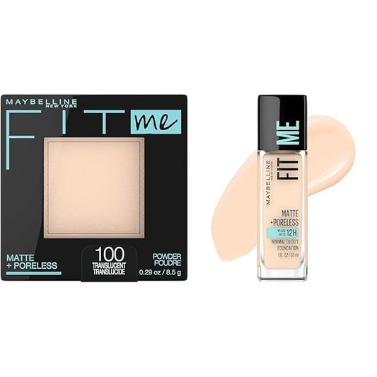 Maybelline Fit Me Matte + Poreless Pressed Powder, Translucent, 1 Count & Fit Me Matte + Poreless Liquid Foundation, Fair Ivory, 1 Count Bundle