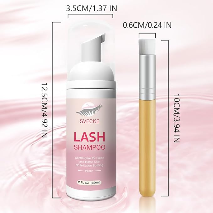 Lash Shampoo Kit for Eyelash Extension, Eyelash Shampoo 2 fl.oz / 60ml, Eyelash Extension Cleanser, Lash Eyelid Foam Cleaning Kit for Salon Use and Home Use (Peach)
