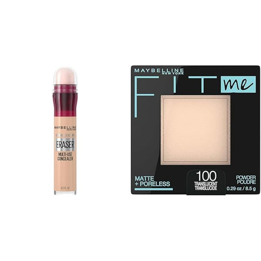 Maybelline Instant Age Rewind 115 Concealer and Fit Me Matte Poreless Pressed Powder Makeup Bundle
