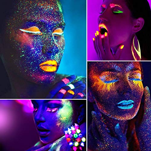 DE'LANCI Neon Eyeshadow Palette 24 Color + Lipstick Pallet 25 Color UV Blacklight Matte and Glitter Shade, Colorful Makeup Set for Christmas Halloween Cosplay Face Body Eyes Makeup Ket
