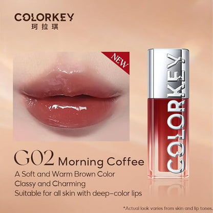 COLORKEY 3D Plump Oil Lip Gloss, High-shine Finish, Lip Tint, Moisturizing, Non-Sticky, Clear and Natural, Glassy Shine (G02 Morning Coffee, 3ml)