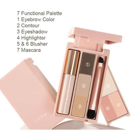 1 PC Juduo Portable Travel Use Multi Purpose Makeup Palette, Mini Size Blusher Highlighter Eyebrow Eyeshadow Palette With Mascara & Brush, All in One Travel Palette (01#)
