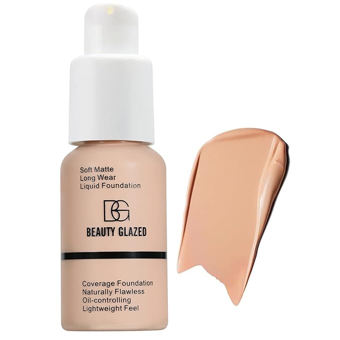 Beauty Glazed Soft Matte Silky Full Coverage Liquid Foundation, Multi-Use Buildable, Lightweight Feel Oil Control Longwear Naturally Flawless Coverage (103 Warm Peach)