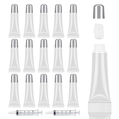 AMORIX 50PCS Matte Silver Lip Gloss Tubes 10ml Empty Lip Gloss Containers Lip Balm Tubes Refillable Cosmetic Squeeze Tubes for Lip Gloss Base Glitter with 2 x Syringes + 28pcs Tag Labels Stickers