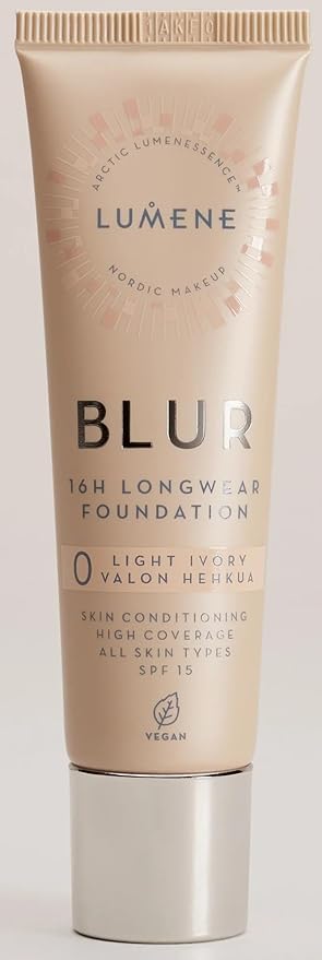 Lumene 16h Longwear Blur Foundation SPF 15 for All Skin Types High Coverage with Arctic Cloudberry 30 ml / 1.0 Fl.Oz. (0 Light Ivory)
