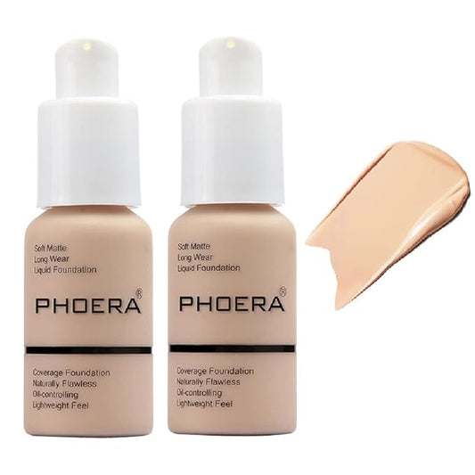 2 Pack PHOERA Foundation,Flawless Soft Matte Liquid Foundation 24 HR Oil Control Concealer Foundation Makeup,Full Coverage Foundation for Women and Girls (102 Nude)