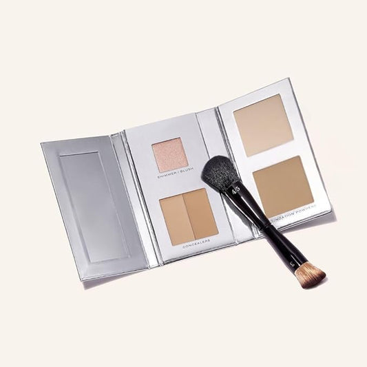 Woosh Beauty, The Fold Out Complexion Palette w/Secret Brush, Travel All in One Neutral Cream & Powder Kit, 4 in 1 Nested Makeup Brush (#2 Medium Light)