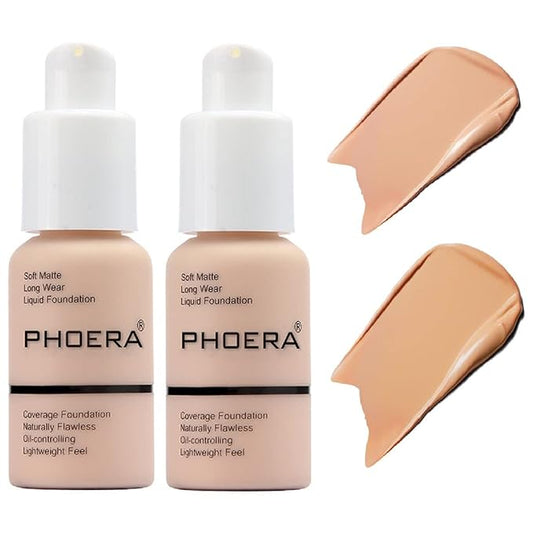 2 Pack PHOERA Foundation,Flawless Soft Matte Liquid Foundation 24 HR Oil Control Concealer Foundation Makeup,Full Coverage Foundation for Women and Girls (103 Warm peach+104 Buff Beige)