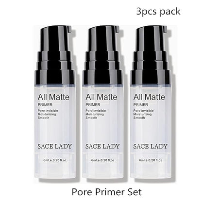 Matte Pore Face Primer 3pcs & Shimmer Highlighter Makeup Glow Illuminator 3pcs, Ultra-smooth Soft Lightweight Pore Minimizer and Liquid Highlighter Face Cosmetic Set