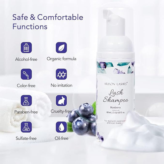 ARISON LASHES Eyelash Shampoo Eyelash Foam Cleanser with Cleaning Brush Eyelash Cleaner for Eyelash Extension Foam Wash Lash Shampoo for Home and Salon Use 60ML(Blueberries)