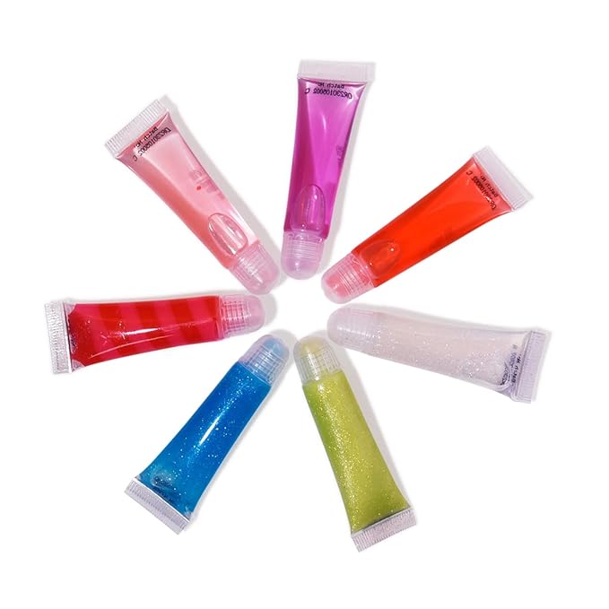 M&U Sparkle Lip Gloss Set with Handbag, 7Pcs Assorted Flavors Hydrating Lip Balm Party Favor Make-up for Kids and Teens Ages 5+