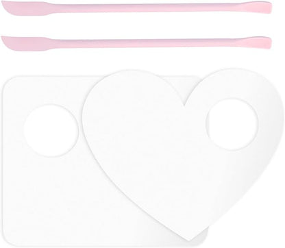 Makeup Mixing Palette Spatula Set, 2PCS Mini Acrylic Makeup Palette & 2PCS Silicone Skincare Spatula, Cream Foundation Palette for Mixing and Save Cosmetics (Pink,Square+Heart)