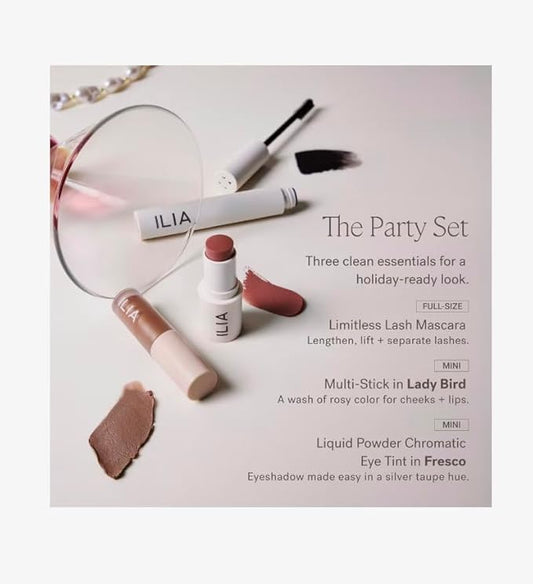 ILIA The Party Set, a limited edition trio with holiday-ready essentials for eyes, cheeks, and lips, including a full-size Limited Lash Mascara