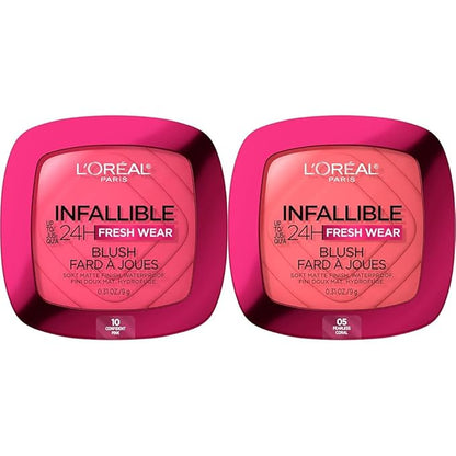 L'Oreal Infallible Up to 24H Fresh Wear Soft Matte Blush Bundle with Confident Pink 10 and Fearless Coral 05, 0.31 Oz Each