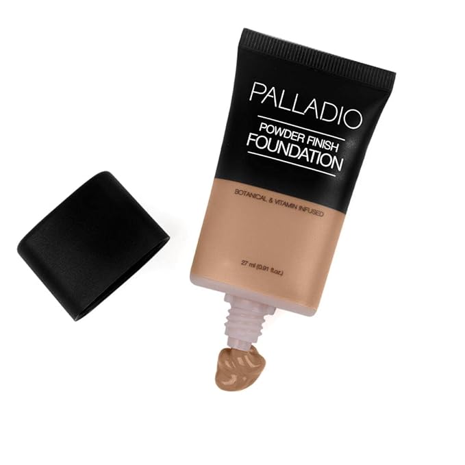 Palladio Powder Finish Liquid Foundation, Natural Matte Appearance, Reduces Fine Lines, Covers Large Pores, Hides Imperfections, All Day Wear, Sheer to Medium Coverage, Golden Beige
