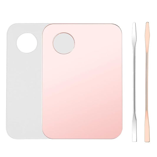 4 Pcs Makeup Mixing Tray Palette with Spatula - Foundation, Eye Shadow, Lipsticks, Nail Art - Beauty Salon (Pink and Transparent)