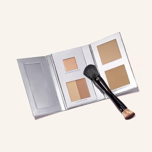 Woosh Beauty, The Fold Out Complexion Palette w/Secret Brush, Travel All in One Neutral Cream & Powder Kit, 4 in 1 Nested Makeup Brush (#2.5 Medium Tan)