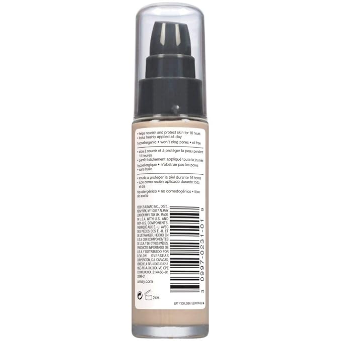Almay Liquid Foundation, Truly Lasting Color, Long Wearing Natural Finish, Vitamin E and Lemon Extract, Hypoallergenic, Cruelty-Free, Dermatologist Tested, 120 Ivory, 1 fl oz