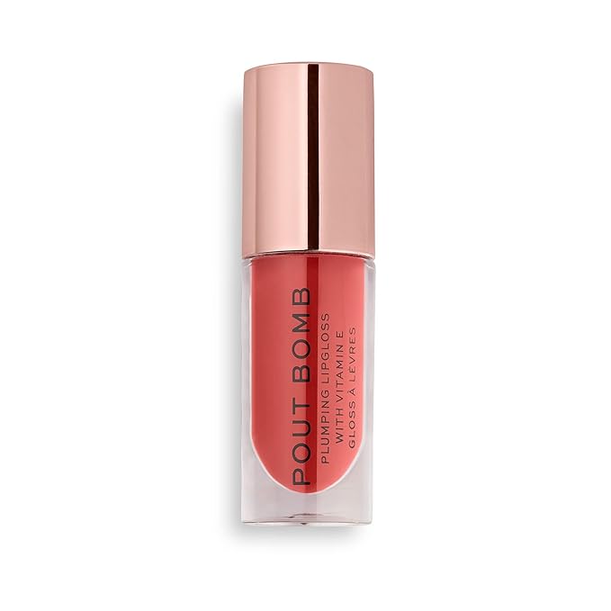 Revolution, Pout Bomb Plumping Lip Gloss, High Shine, Rich Glossy Pigment, Infused with Vitamin E, Peachy Coral, 0.15 fl oz