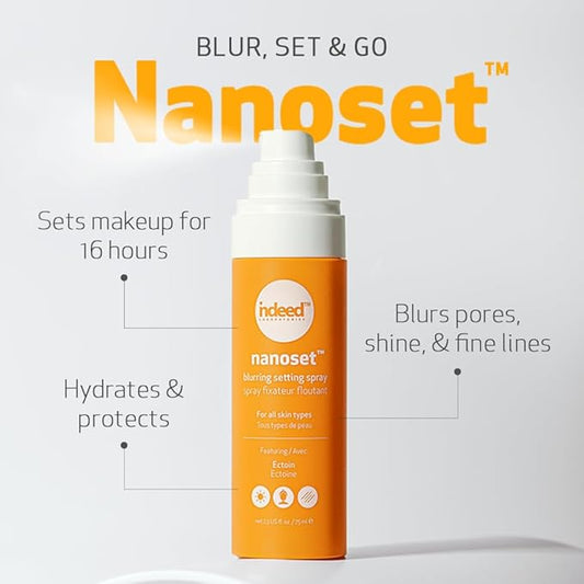 Indeed Labs Nanoset Blurring Setting Spray - Made With Ectoin - Lightweight, Long Lasting, Mattifying, Revitalizes, Controls Shine, Refreshes, Hydrates, All-Day Wear (Setting Spray)