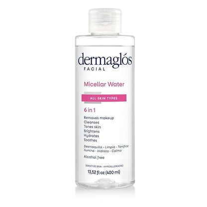 Dermaglos Micellar Water for All Skin Types Even Sensitive | All In 1 Hydrating Facial Cleanser & Makeup Remover, Brightening, Soothing, Gentle Face Toner | Alcohol-Free Formula | 13.52 Fl Oz