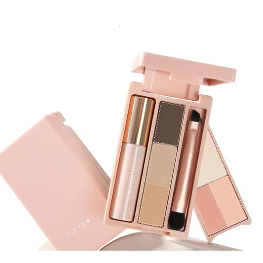 1 PC Juduo Portable Travel Use Multi Purpose Makeup Palette, Mini Size Blusher Highlighter Eyebrow Eyeshadow Palette With Mascara & Brush, All in One Travel Palette (01#)
