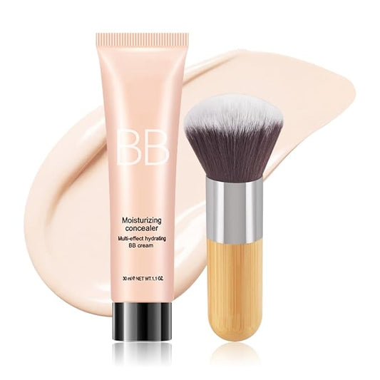 Hydrating BB Cream,Full Coverage Lightweight Matte Foundation & Concealer with Brush,Evens Skin Tone,Oil Control Cover Flaws,Natural Finish for All Skin Types,Vegan & Cruelty Free - Ivory White
