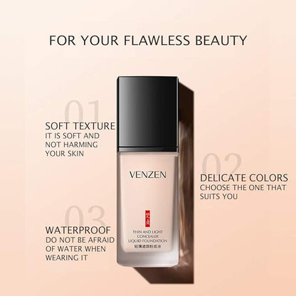 VENZEN Thin Light Concealer Liquid Foundation Waterproof Moisturizing Clear Naked Natural Long-Lasting Soft Texture Rubber Ring Delicate Colors (#02 IVORY (6778))