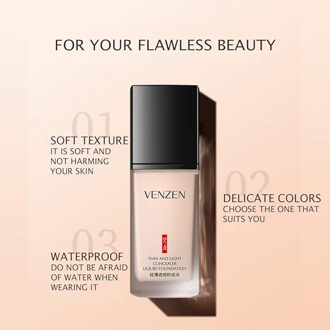 VENZEN Thin Light Concealer Liquid Foundation Waterproof Moisturizing Clear Naked Natural Long-Lasting Soft Texture Rubber Ring Delicate Colors (#01 NATURAL (6761))